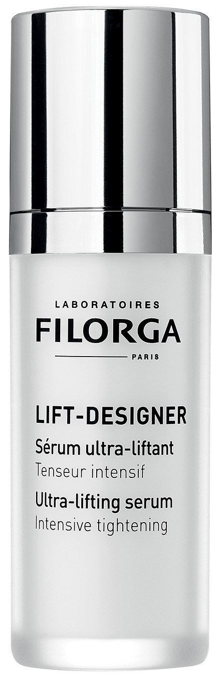 En vit flaska med silverlock märkt 'Filorga Lift-Designer Ultra-Lifting Serum' för hudstramning.