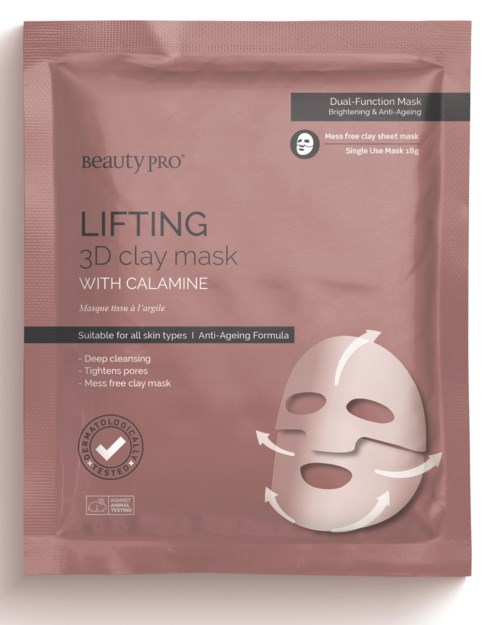 Ett rosa paket av Beauty Pro Lifting 3D clay mask med calamin och en illustration av ett ansiktsmask.