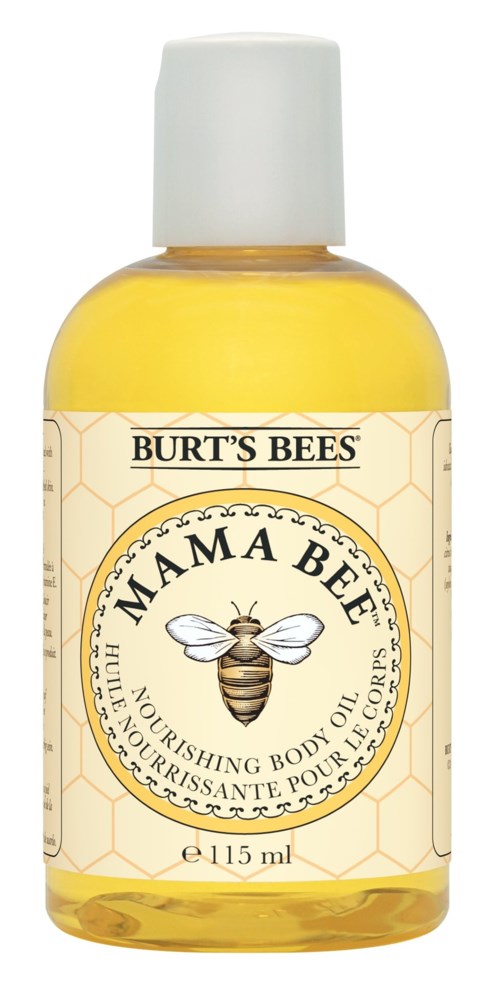 Burt's Bees Mama Bee oljeförpackning med honungskakdesign, biillustration och gult innehåll.