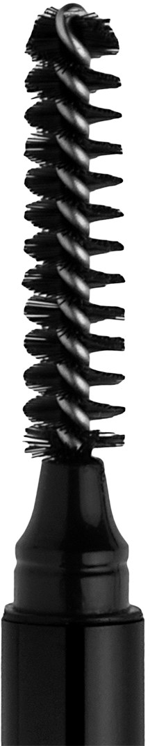 En svart mascara-borste med spiralborste för att applicera mascara på fransarna.