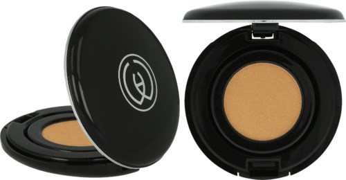 Two black round containers of makeup, one open showing a beige powder inside.