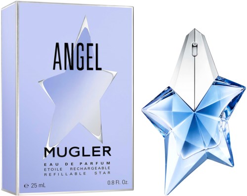 Angel Mugler parfymflaska formad som en blå stjärna och dess förpackningslåda.