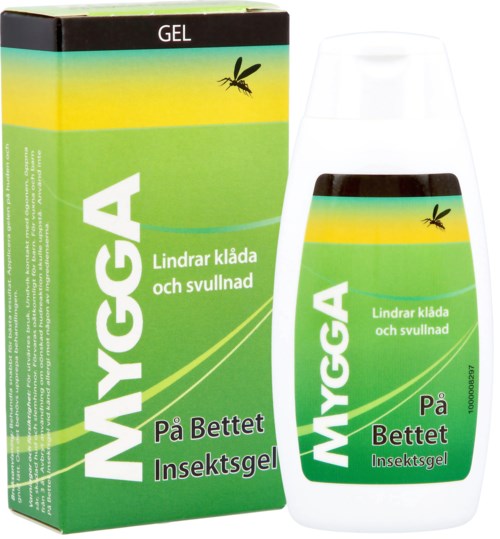 Insektensprayflasche und Verpackung mit grünen, gelben, schwarzen Farben und einer Libelle, zur Linderung von Juckreiz und Schwellung.