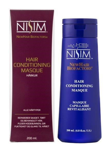 En box och flaska av Nisim Hair Conditioning Masque, lila box och blå flaska med guldfärgad och vit text.