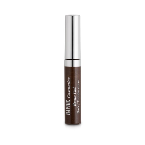 En liten tub med ögonbrynsgel med silverlock, märkt "RAPIDLASH Cosmetics" och "Brow Gel Dark Truffle".