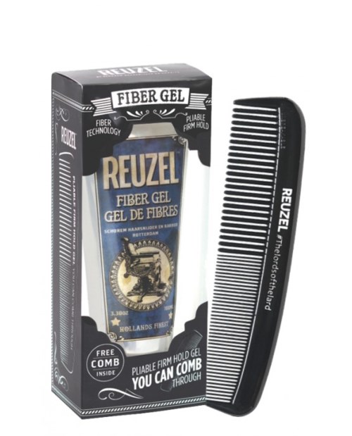 En box med Reuzel fiber gel för hår med en kam kopplad.