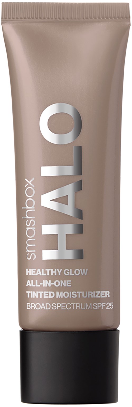 Biały lub beżowy tubka Smashbox Halo nawilżacz z filtrem SPF 25, czarny korek, biały i srebrny tekst.