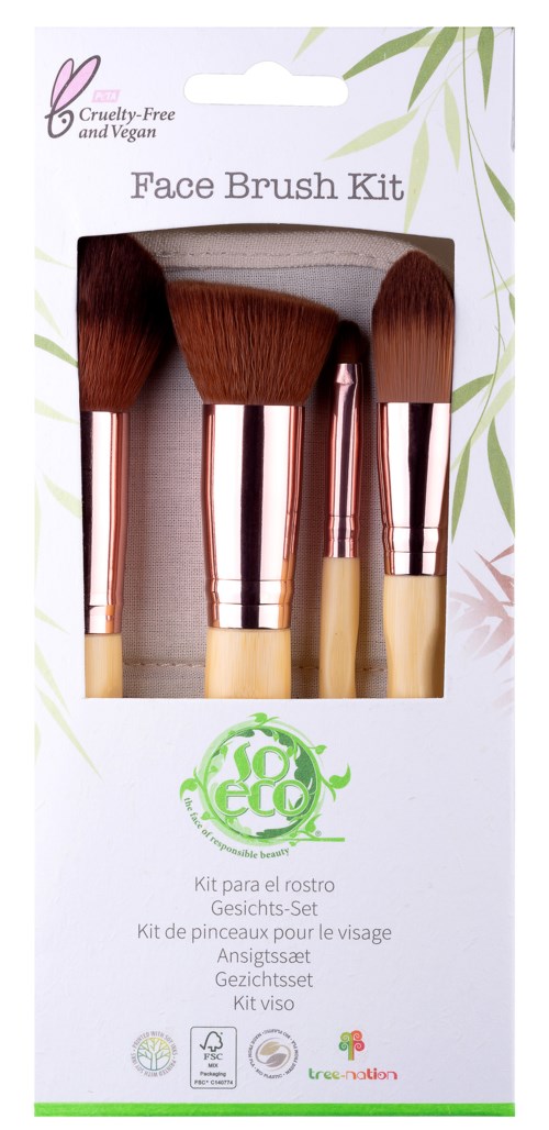 Viiden cruelty-free kasvoharjan sarja ruskeilla ja kullansäikeillä, pakkauksessa "Face Brush Kit."