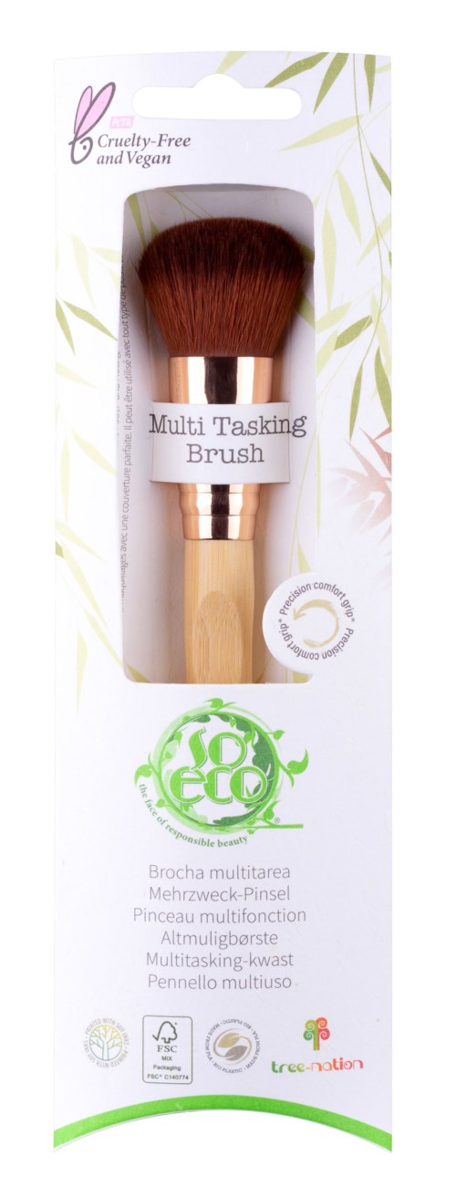 En mångsidig makeupborste med ljust trähandtag och bruna borstar, märkt som miljövänlig och cruelty-free.