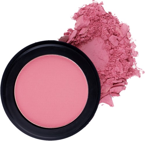 Pink blusher i ett svart runt behållare med utspilld puder runt.