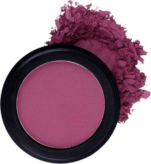 Rosa blush i en rund behållare med lite puder pratad runt den.