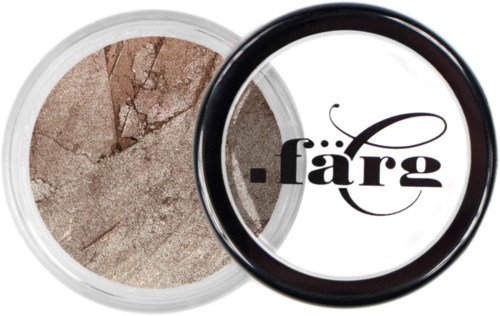 Ett makeup-produk med beige, sprucken puder inuti och en svartvit compact med etiketten 'färg'.