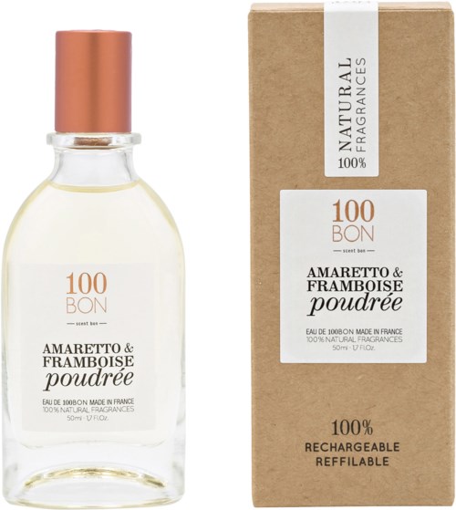 En parfymflaska och box med naturliga doftetiketter, doft av Amaretto och hallon, 50 ml storlek, påfyllningsbar.