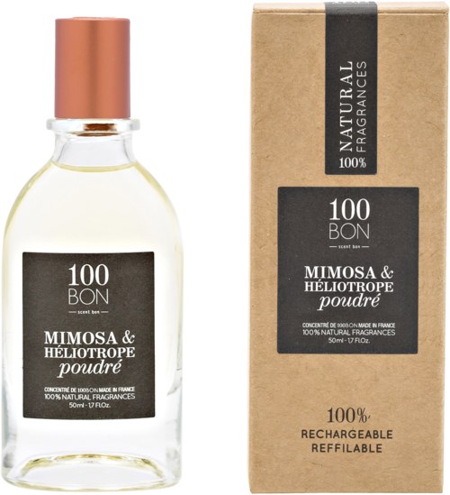 En flaska och förpackning av naturlig parfym med doftnamnen Mimosa & Héliotrope, 50 ml, tillverkad i Frankrike, återanvändbar och påfyllbar.
