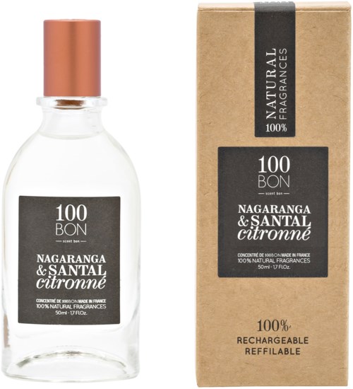 En parfyllflaska och låda, båda märkt med naturlig doft 100% Nagara, Santal citronné, och 50 ml kapacitet.