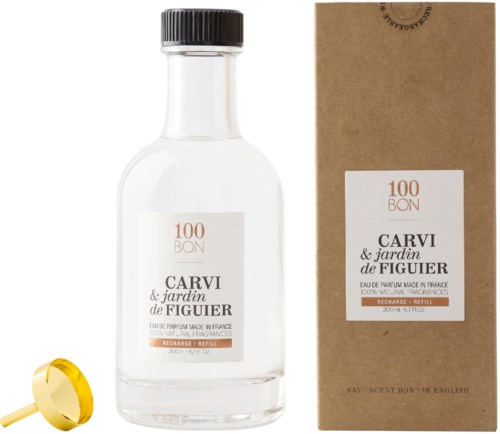 En parfylbuta och låda märkt 'Carvi & Jardin de Figuier,' med ett guldparfymlock bredvid.