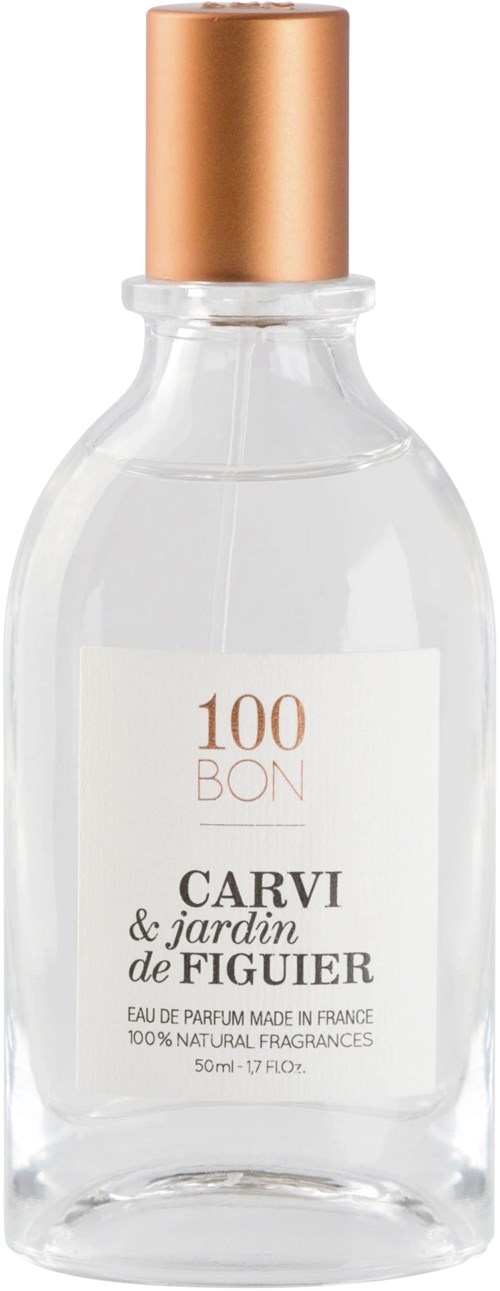 En klar parfymeflaske med gullhette, merket "100 Bon Carvi & Jardin de Figuier," inneholder duft.