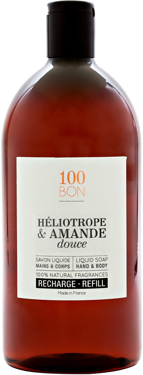 Brun flytende såpe med svart lokk, merket viser varemerket 100 BON og produktnavnet Héliotrope & Amande douce.