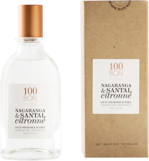 En parfynflaska och box med etiketten 'Nagaranga & Santal Citronné', beskriver ett franskt naturligt doftmedel på 50 ml.