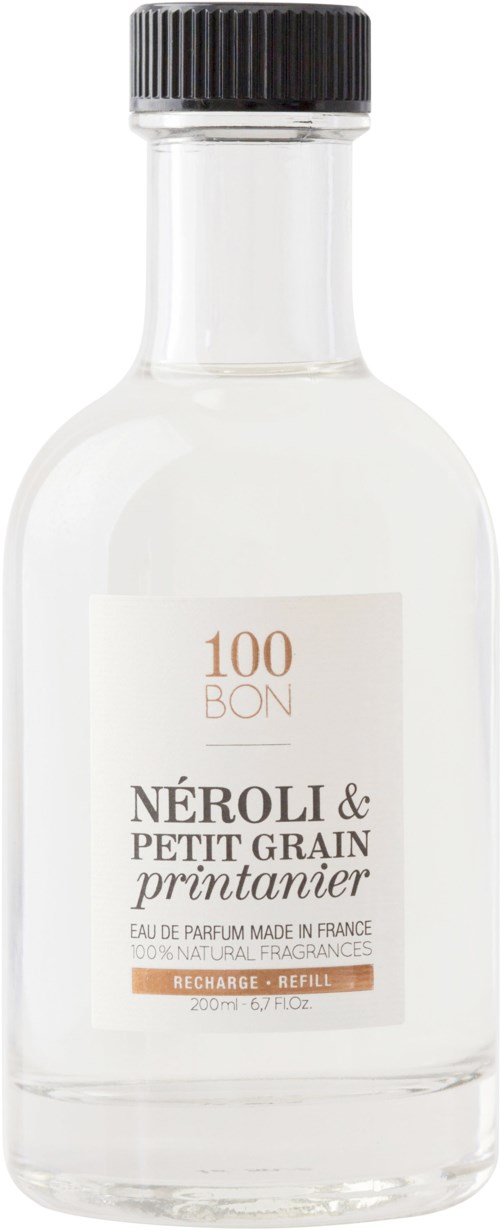 En liten tydlig parfymflaska med svart lock, märkt Neroli & Petit Grain printanier, 200 ml.