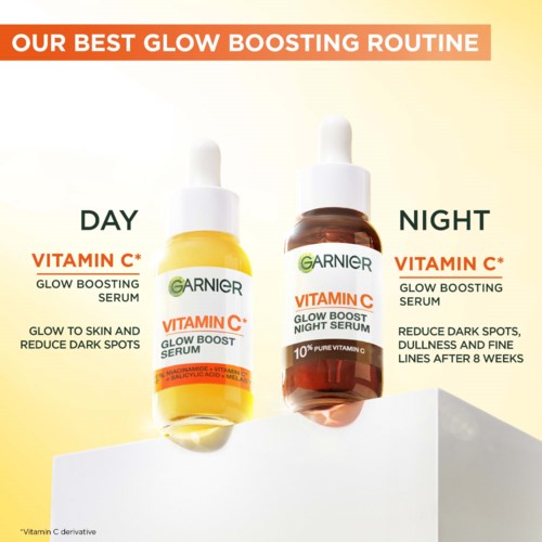 Two bottles of Garnier Vitamin C glow serum for day and night, helping skin, reducing dark spots, and improving dullness.