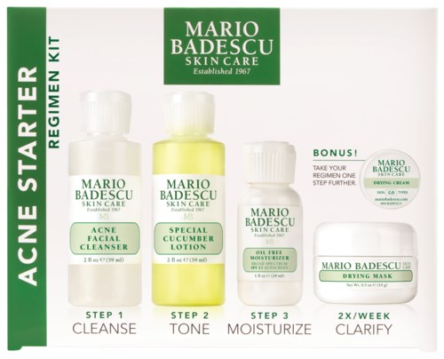 Skincare set includes cleanser, cucumber toner, moisturizer, and drying mask, with a bonus night cream, for acne care.