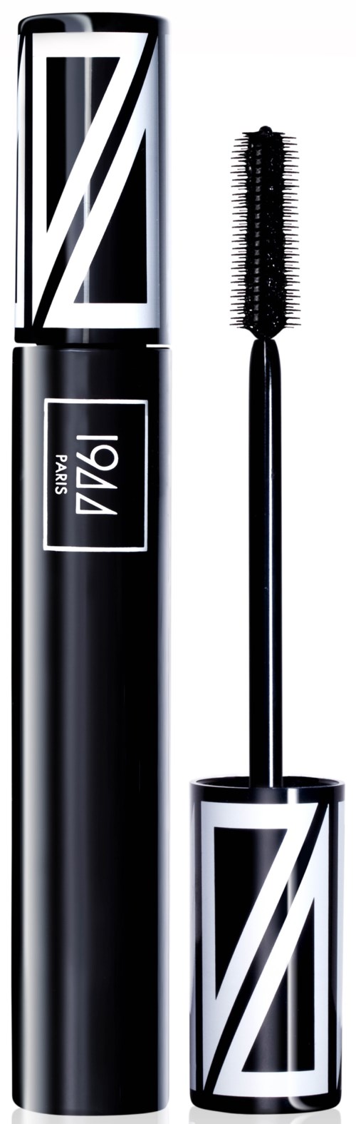 Ein schwarzer Mascara-Tubus mit schwarzer Bürste und silberner Kappe, mit Zahl 7 und Markenlogo.