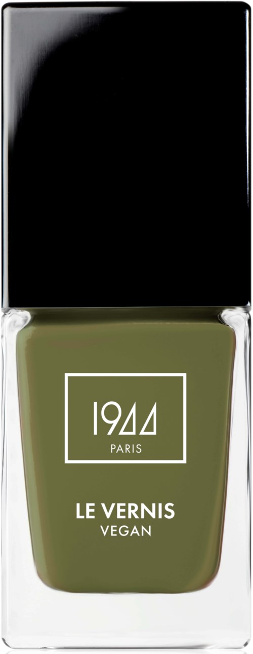 En vegansk nagellackflaska märkt "1944 PARIS LE VERNIS VEGAN" med svart lock.