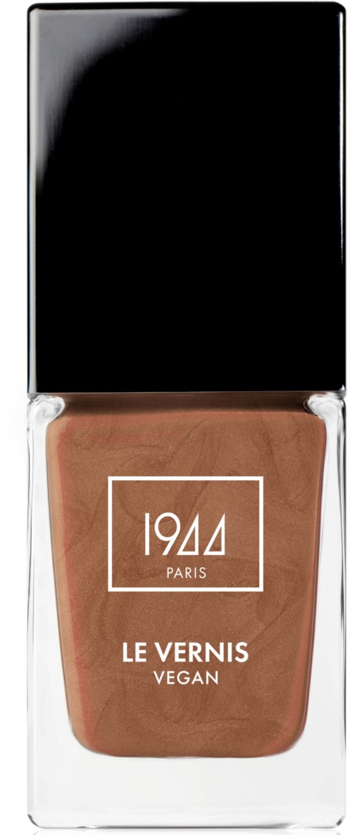 Vegan nail polish in a square bottle with a black cap, labeled "Le Vernis" and "1944" in Paris.