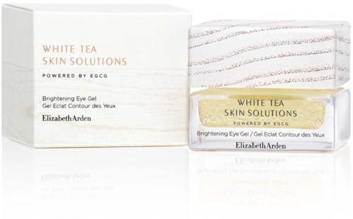 Eine Box und ein Glas von Elizabeth Arden's White Tea Skin Solutions Brightening Eye Gel.