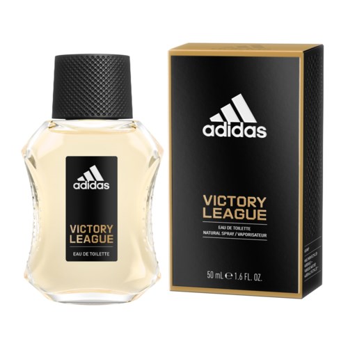 A perfume bottle and box labeled Adidas Victory League, with the bottle having a black cap and a gold and black label.