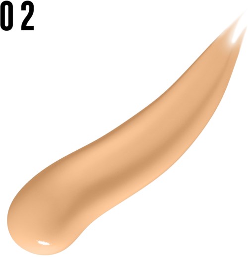 En beige foundation- eller concealerdrop med spiss tupp og glatt overflate. Nummer 02 er i det øvre venstre hjørnet.