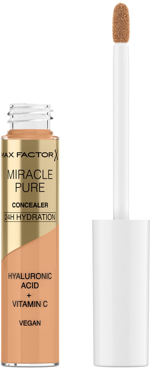 En concealer-rør med applikator, merket 'Miracle Pure' med ingredienser som hyaluronsyre og vitamin C.