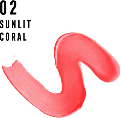 A coral pink makeup color with the words 'Sunlit Coral' and a swatch of the color.