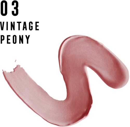 A lipstick smear in the shape of a letter S with text: Vintage Peony, 03.