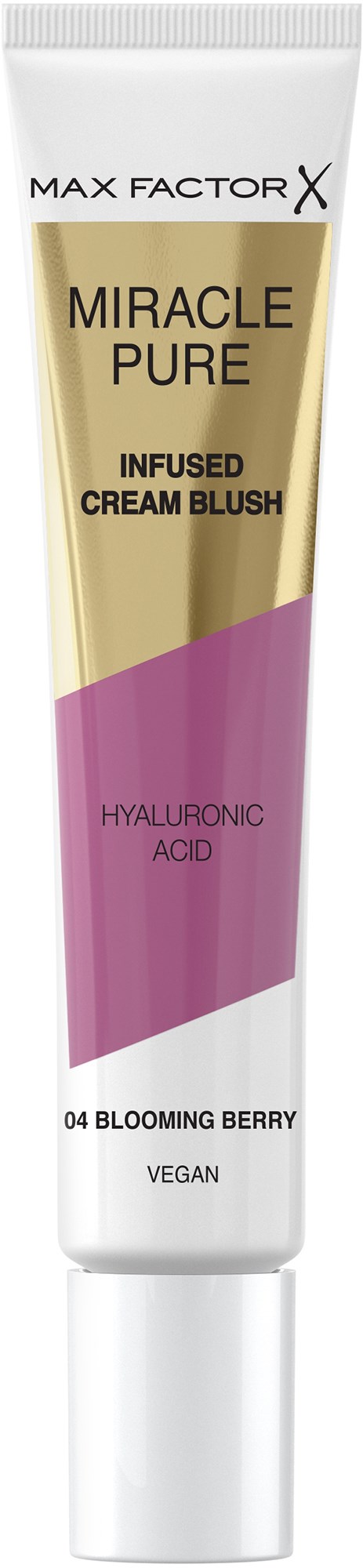 En tub concealer Max Factor X Miracle Pure infuserad krämrouge, med rosa och guld design, märkt '04 Blooming Berry'.