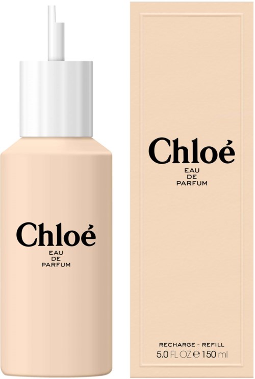 Een flesje Chloe-parfum en de doos, beide beige met zwarte tekst, en de fles heeft een witte spraydop.