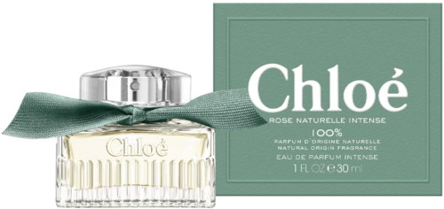 butelka perfum z zieloną wstążką i dopasowanym pudełkiem, oznaczona Chloé, Rose Naturelle Intense, 100% natural.