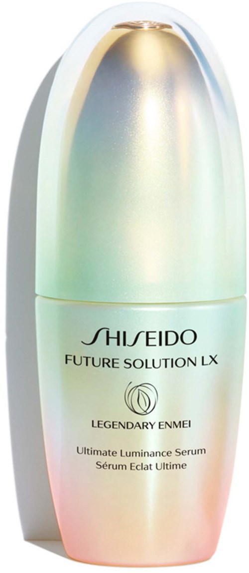 En flaska av Shiseido Future Solution LX-serum med glansigt, pastellfärgat design.