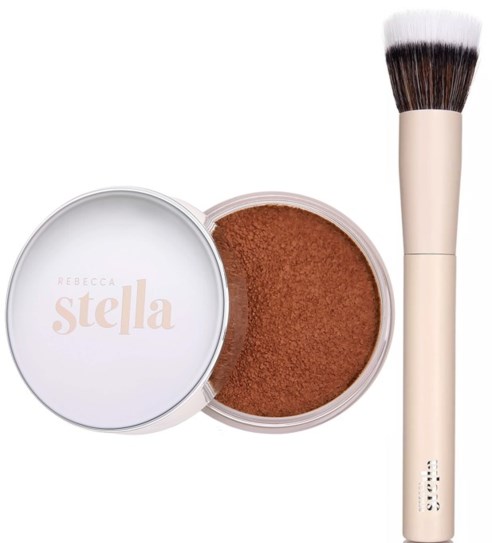 A brown blush in a round container and a large makeup brush with a beige handle.