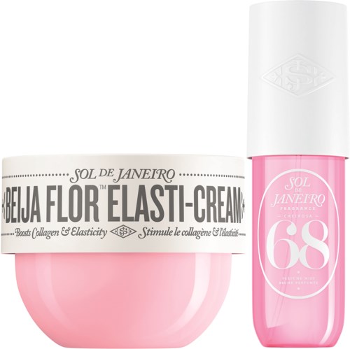 En rosa krukke med ELASTI-CREAM og en rosa neglelakk fra Sol de Janeiro.