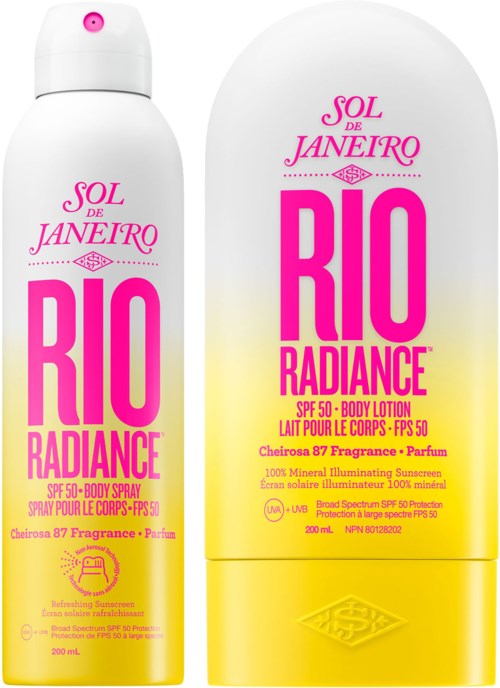 Sol de Janeiro Rio Radiance sun protection lotion and spray with SPF 50, bright yellow and white bottles, pink text.