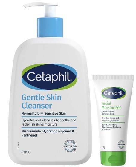 Biała butelka z niebieską pompką oznaczona Cetaphil Gentle Skin Cleanser oraz mała zielona i biała tubka oznaczona Cetaphil Facial Moisturizer.