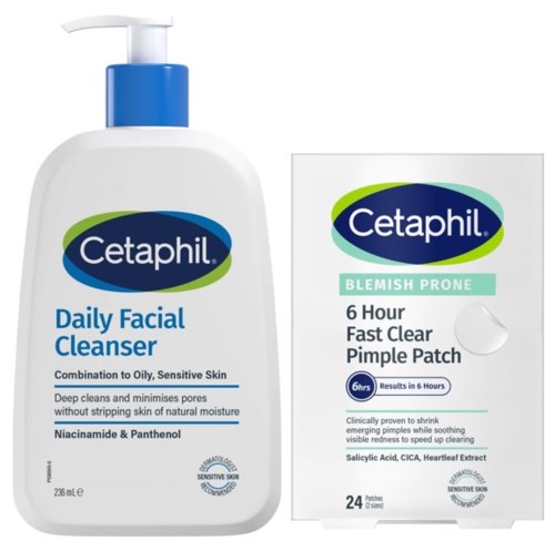 Pullo Cetaphil Daily Facial Cleanser ja laatikko Blemish Prone Pimple Patches raikkaan ihon saavuttamiseksi.