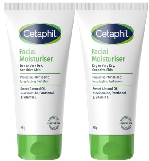 Dwa tubki Cetaphil kremu nawilżającego do suchej, wrażliwej skóry z olejem migdałowym, niacynamidem, panthenolem oraz witaminą E.