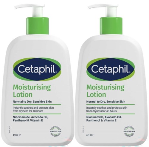 Zwei Flaschen Cetaphil Feuchtigkeitslotion für empfindliche Haut mit Pumpe, weiße und grüne Flasche.