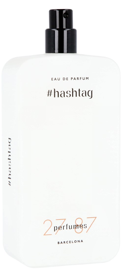 En vit parfymflaska med svart spraymunstycke, märkt '#hashtag', 'perfumes 23' och 'Barcelona', minimalistisk design.