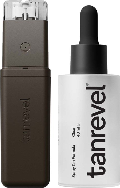 Two skincare products: a brown bottle with a spray nozzle and a white bottle with a dropper. Both have 'tanrevel' labels.