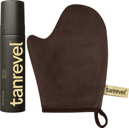 A black bottle labeled 'tanrevel' and a brown mitten with a yellow tag. The mitten has a loop for hanging.
