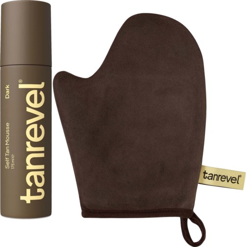 A self-tanning mousse and a brown mitten for applying it, both branded 'tanrevel' in gold letters.